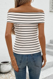 One Shoulder Flower Striped Short Sleeved T-Shirt