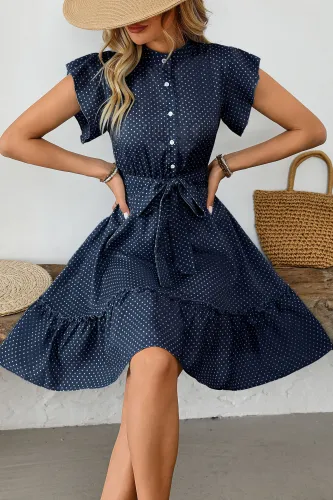 Wave Dot Lotus Leaf Short Sleeve V-Neck Dress