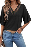 Solid Color Loose Lace V-Neck T-Shirt