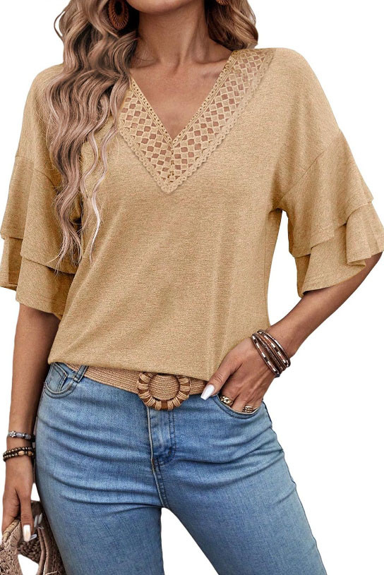 Solid Color Loose Lace V-Neck T-Shirt