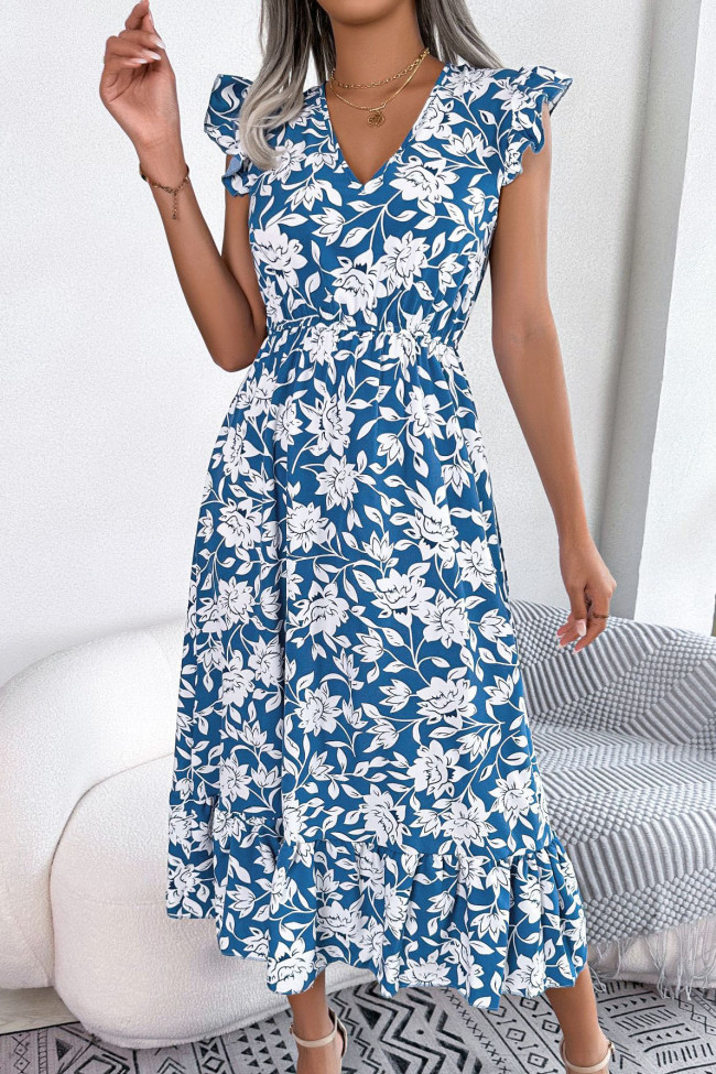 V-Neck Ruffled Short Sleeved Print Dress