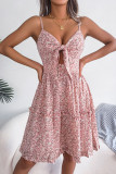 Floral Bow V-Neck Leaf Edge Sleeveless Dress