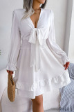 Bow V-Neck Long Sleeved Ruffle Edge Dress