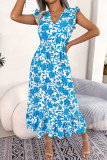 V-Neck Ruffled Short Sleeved Print Dress