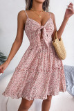 Floral Bow V-Neck Leaf Edge Sleeveless Dress