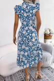 V-Neck Ruffled Short Sleeved Print Dress