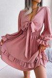 Bow V-Neck Long Sleeved Ruffle Edge Dress