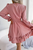 Bow V-Neck Long Sleeved Ruffle Edge Dress