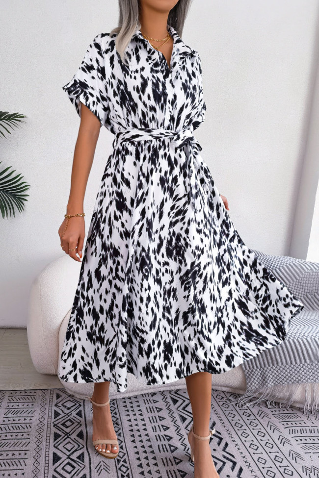 Loose Leopard Print Lace Up Shirt Dress