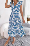 V-Neck Ruffled Short Sleeved Print Dress