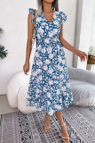 V-Neck Ruffled Short Sleeved Print Dress
