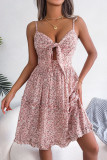 Floral Bow V-Neck Leaf Edge Sleeveless Dress
