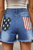 Flag Print Washed Ripped Denim Shorts