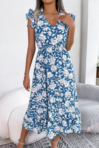 V-Neck Ruffled Short Sleeved Print Dress