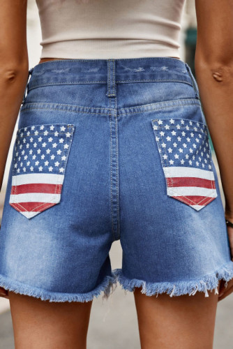Flag Print Washed Ripped Denim Shorts
