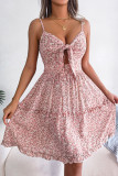 Floral Bow V-Neck Leaf Edge Sleeveless Dress