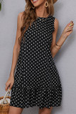 Polka Dot Round Neck Ruffled Sleeveless Dress