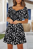 V-Neck Lantern Short Sleeve Floral Dress