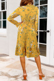 Horn Long Sleeved Ruffled Floral Dress