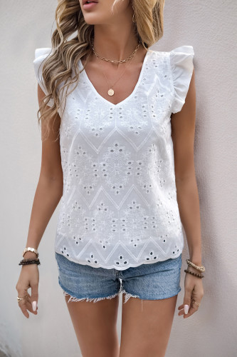 V-Neck Ruffled Short Sleeved Hollow Shirt