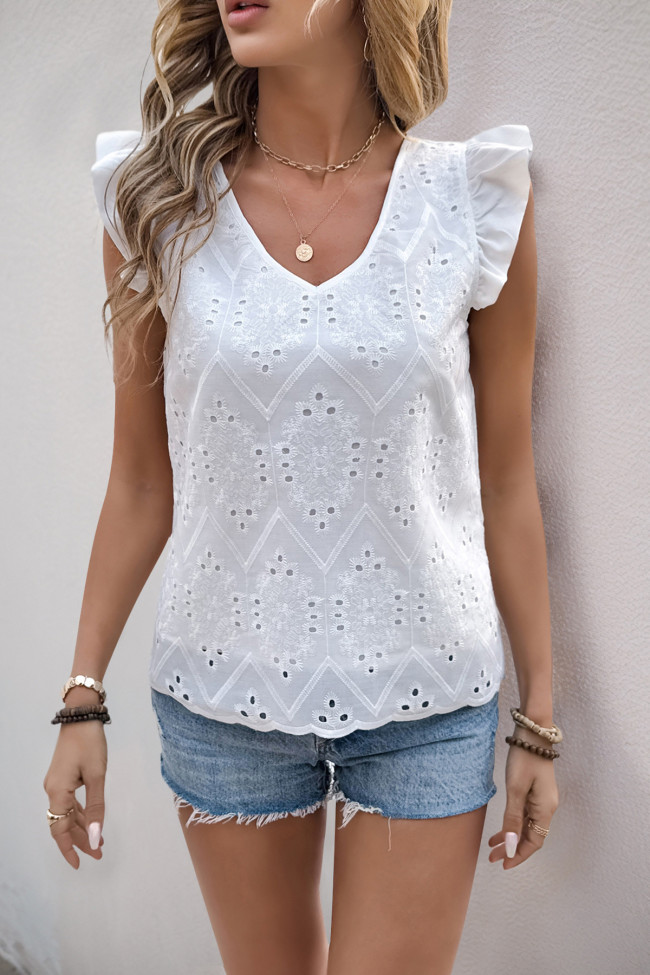 V-Neck Ruffled Short Sleeved Hollow Shirt