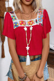 Square Neck Hollow Flower Print Short Sleeved Shirt
