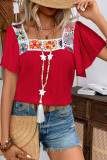 Square Neck Hollow Flower Print Short Sleeved Shirt