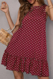 Polka Dot Round Neck Ruffled Sleeveless Dress