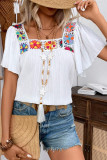 Square Neck Hollow Flower Print Short Sleeved Shirt