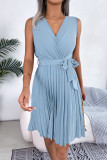 V-Neck Sleeveless Waist Cinched Pleated Dress