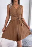 V-Neck Sleeveless Waist Cinched Pleated Dress