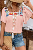 Square Neck Hollow Flower Print Short Sleeved Shirt
