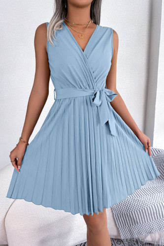 V-Neck Sleeveless Waist Cinched Pleated Dress