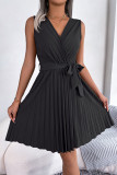 V-Neck Sleeveless Waist Cinched Pleated Dress