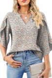 Printed V-Neck Loose Petal Sleeve Chiffon Shirt