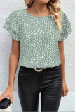Polka Dot Round Neck Ruffled Short Sleeved Shirt
