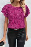 Polka Dot Round Neck Ruffled Short Sleeved Shirt