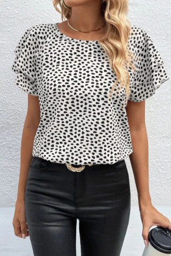 Polka Dot Round Neck Ruffled Short Sleeved Shirt