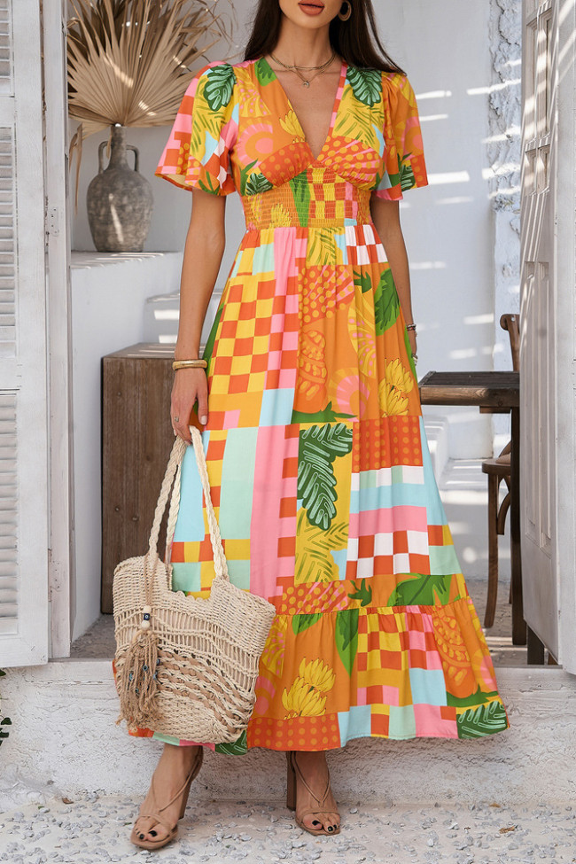 Bohemian V-Neck High Waisted Short Sleeved Dress