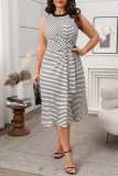 High Waisted Round Neck Loose Striped Dress