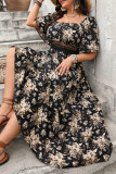Retro Square Neck Printed Short Sleeved Dress