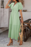 V-Neck High Waisted Short Sleeved Slit Dress