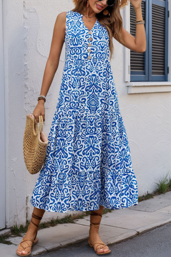 V-Neck Button Print Sleeveless French Dress