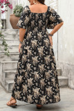 Retro Square Neck Printed Short Sleeved Dress