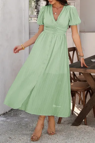 V-Neck High Waisted Short Sleeved Slit Dress