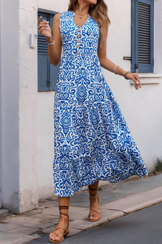 V-Neck Button Print Sleeveless French Dress