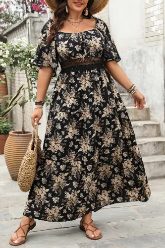 Retro Square Neck Printed Short Sleeved Dress