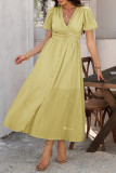 V-Neck High Waisted Short Sleeved Slit Dress