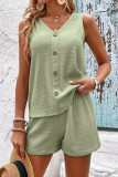 V-Neck Solid Color Button Vest Shorts Two-Piece Set