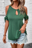 Hollow Lace Up Round Neck Off Shoulder T-Shirt